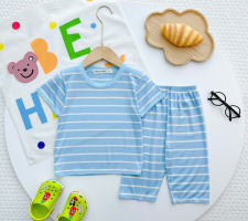 Bộ quần áo bé trai màu xanh dương sọc trắng – Vải mềm, thoáng mát, dáng dễ thương