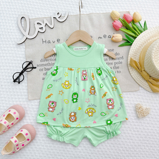 Bộ Đồ Bé Gái BabyThree Màu Xanh Mint – Dễ Thương, Mềm Mịn, Bé Mặc Cực Xinh Ngắn Tay