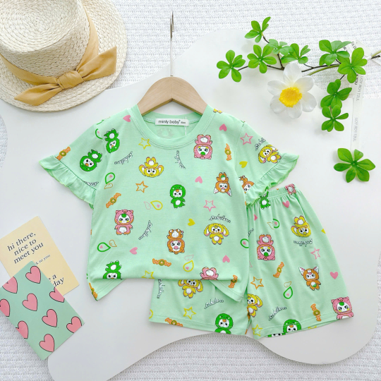 Bộ Đồ Bé Gái BabyThree Màu Xanh Mint – Dễ Thương, Mềm Mịn, Bé Mặc Cực Xinh