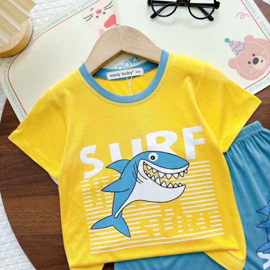 Áo Thun Bé Trai Minly Baby – Họa Tiết Cá Mập, Cotton Mềm Mịn