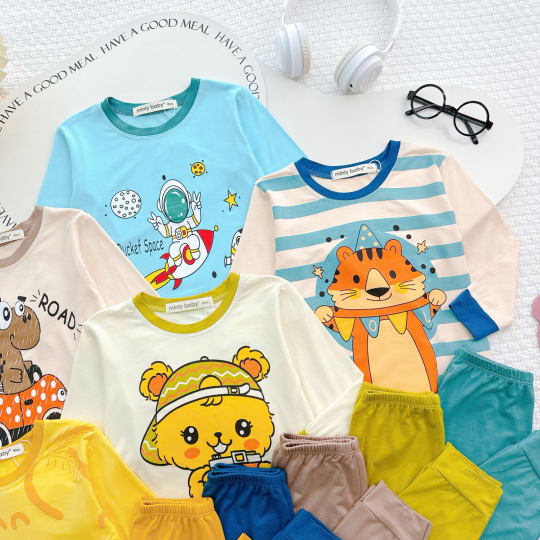 Bộ Đồ Bé Trai Dài Tay Họa Tiết Gấu – Phi Hành Gia – Hổ Dễ Thương | Mềm Mịn – Co Giãn – Mặc Cả Ngày