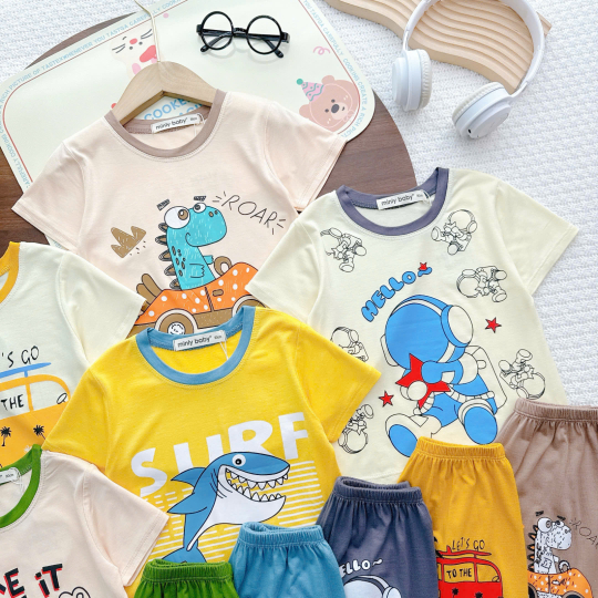 Áo Thun Bé Trai Minly Baby – Họa Tiết Cá Mập, Cotton Mềm Mịn