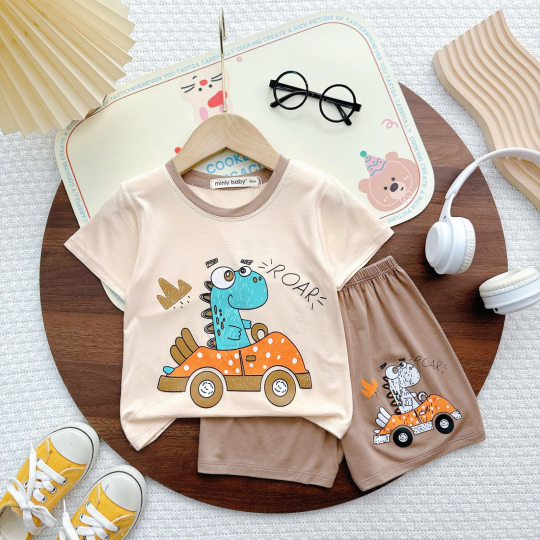 Áo Thun Bé Trai Minly Baby – Họa Tiết Khủng Long Lái Xe, Cotton Mềm Mịn